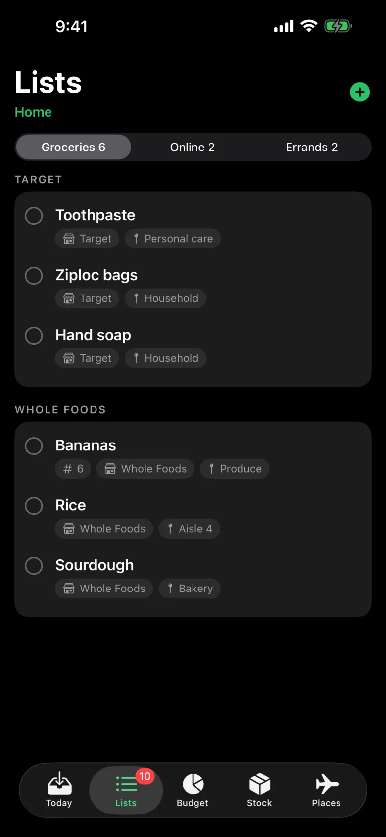 Haul Lists screen: groceries grouped by store, Target and Whole Foods, with each item tagged by aisle